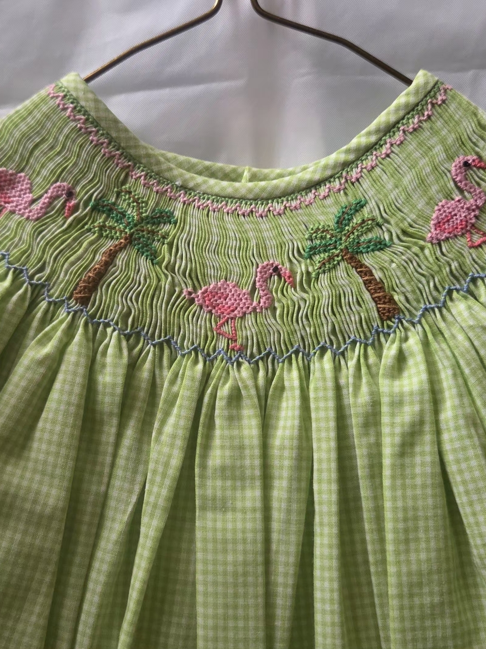 Girls' Green Smocked Dress with Pink Flamingo Embroidery
